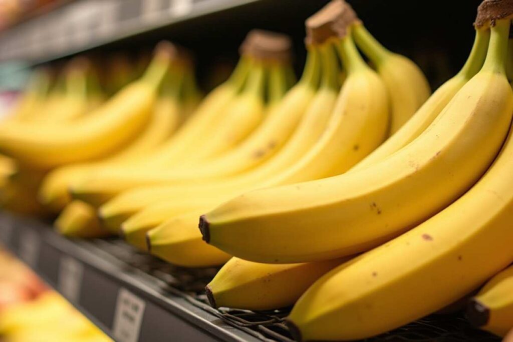 Un casco di banane sullo scaffale di un supermercato