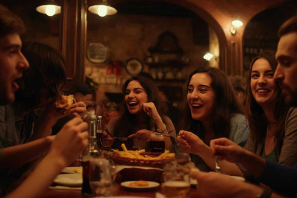 Un gruppo di persone mangia e si diverte all'interno di un fast food