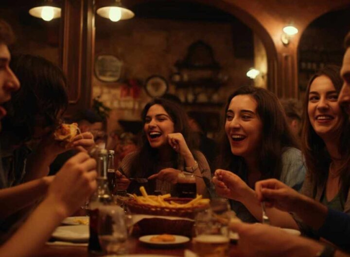 Un gruppo di persone mangia e si diverte all'interno di un fast food