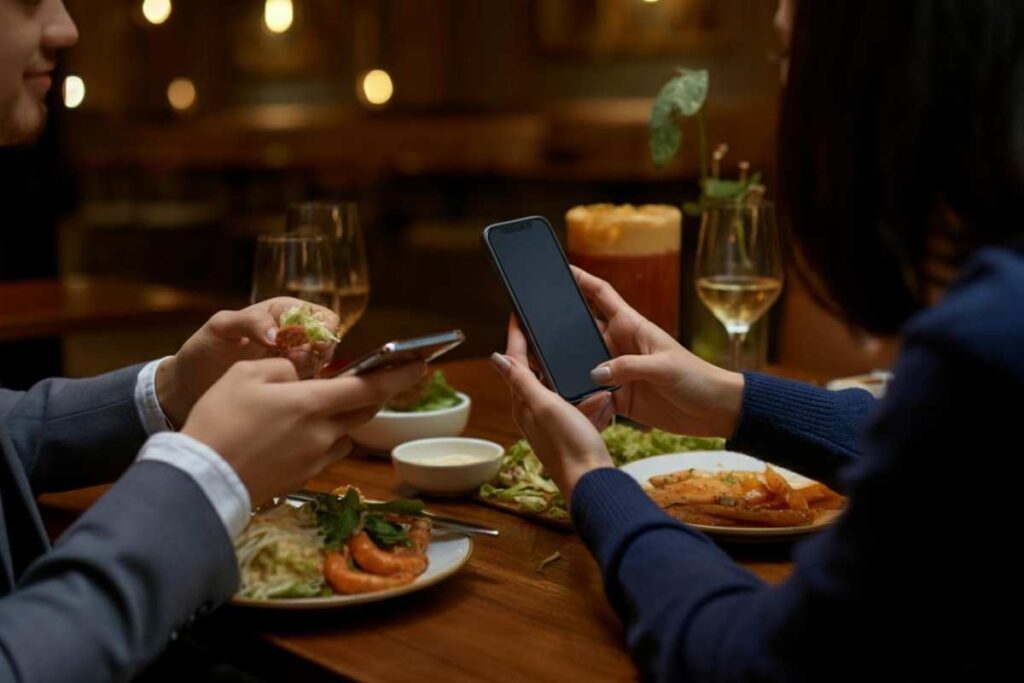Due persone cenano al ristorante con lo smartphone in mano