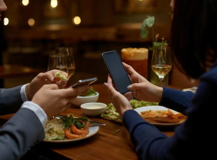 Due persone cenano al ristorante con lo smartphone in mano